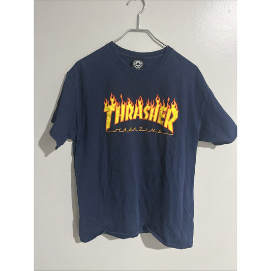 Men's Thrasher Magazine Skateboard Flames Navy Blue Graphic T-shirt (Large)