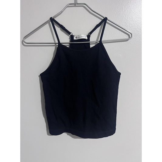 LASLULU Camisole Womens M Black Ribbed Padded Strappy Tank Adjustable Straps