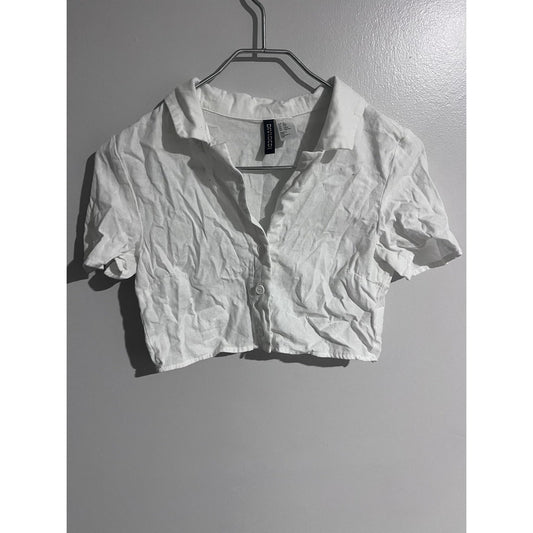 H&M Divided Button-Up Womens 2XS White Cropped Collared Short Sleeve Lightweight
