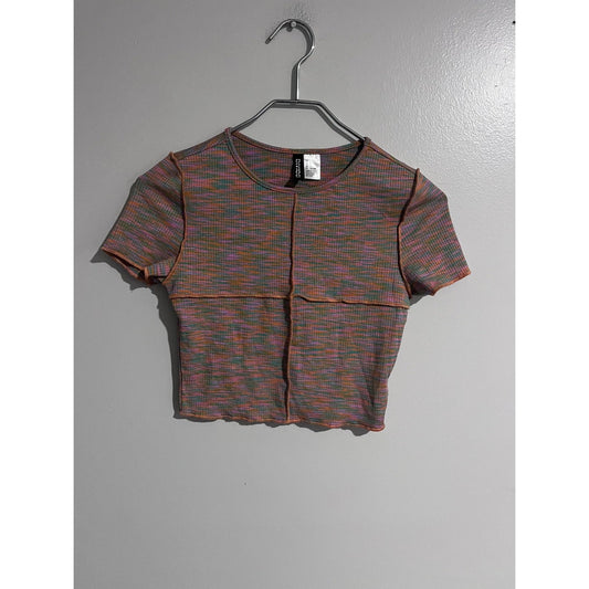 H&M T-Shirt Womens S Multicolor Cropped Ruffle Striped Slim Stretch Lightweight