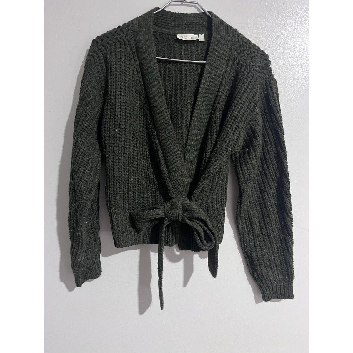 RD Style Cardigan Womens XS Green Waffle-Knit Belted Open Heavyweight Bow Accent