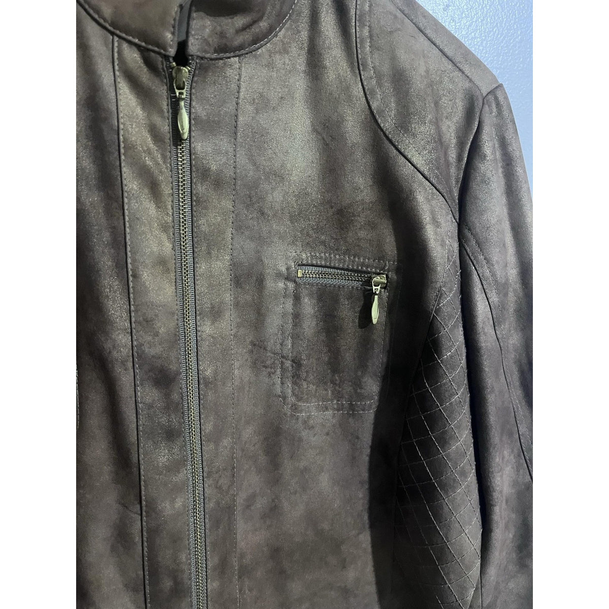 Chico's Jacket Womens 1 Brown Quilted Microfiber Lined Zip Pockets Collared