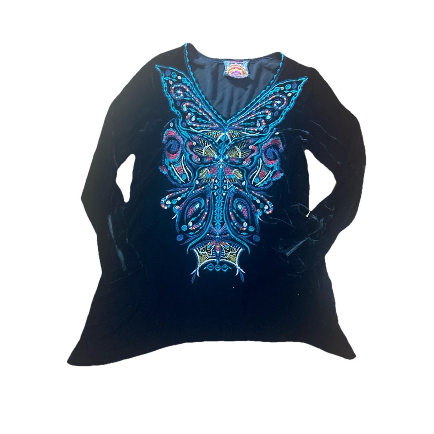 Johnny Was Aurelia Black Velvet V-Neck Tunic Top Butterfly Embroidered XS
