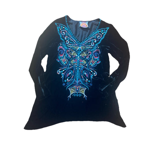 Johnny Was Aurelia Black Velvet V-Neck Tunic Top Butterfly Embroidered XS