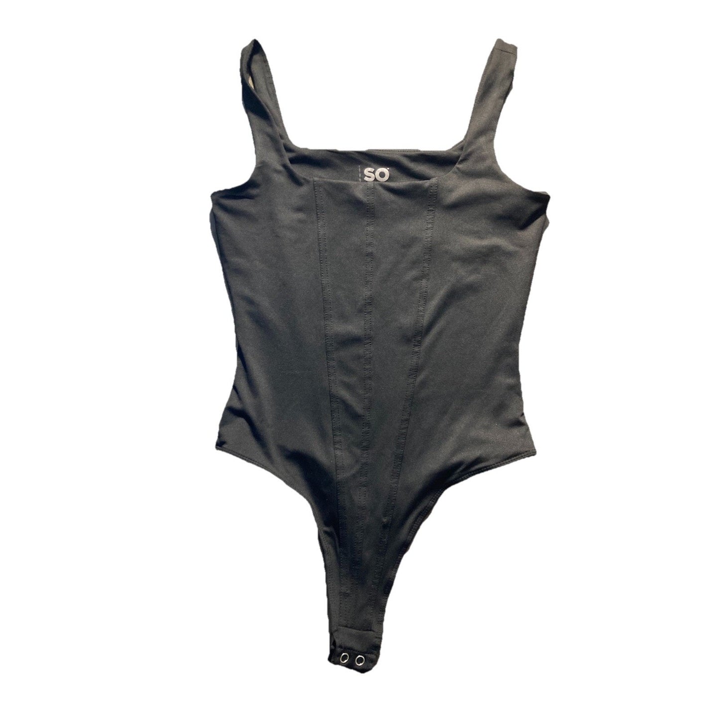SO Women’s Bodysuit Black Size Small Tank Top Snap Close Thong Contouring Soft