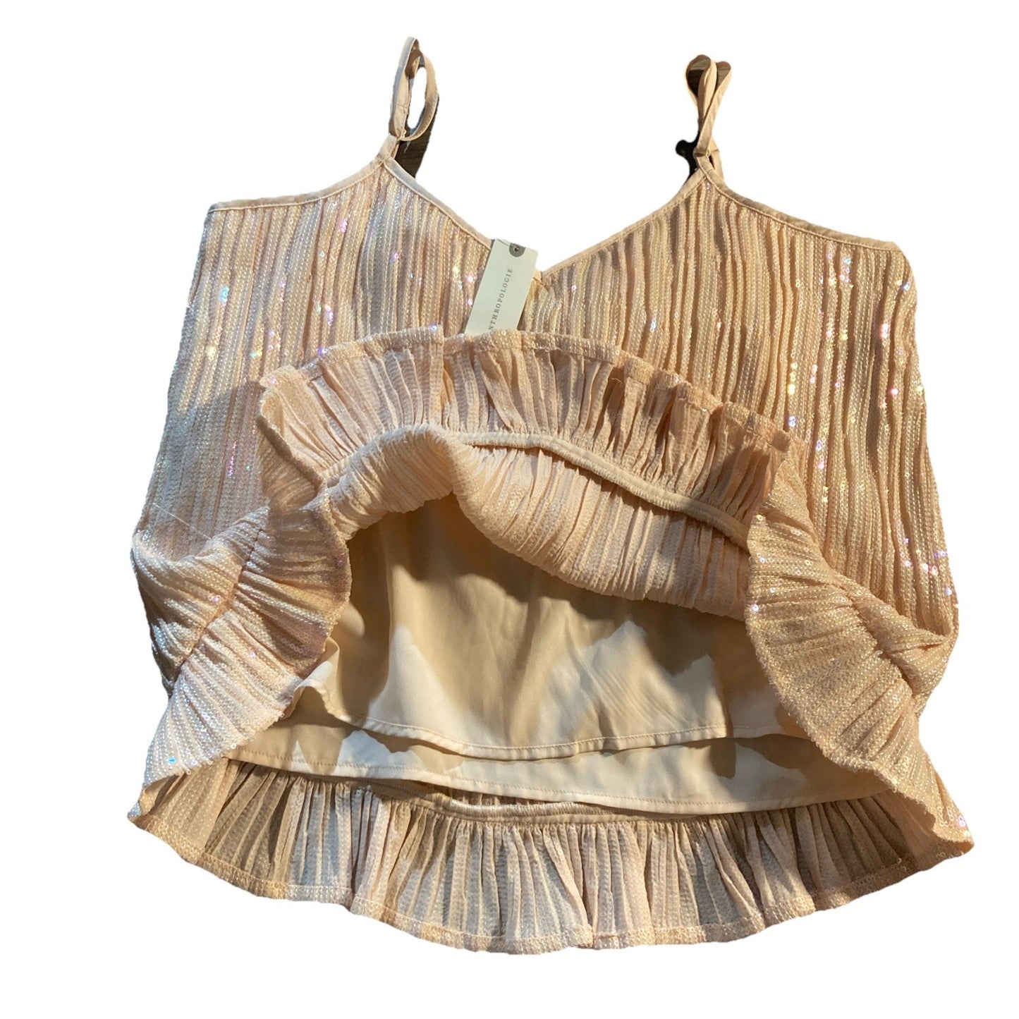 NWT Anthropologie Sz 2 Amelie Pink Rose Sequined Cami Ruffled Tank Glam Party