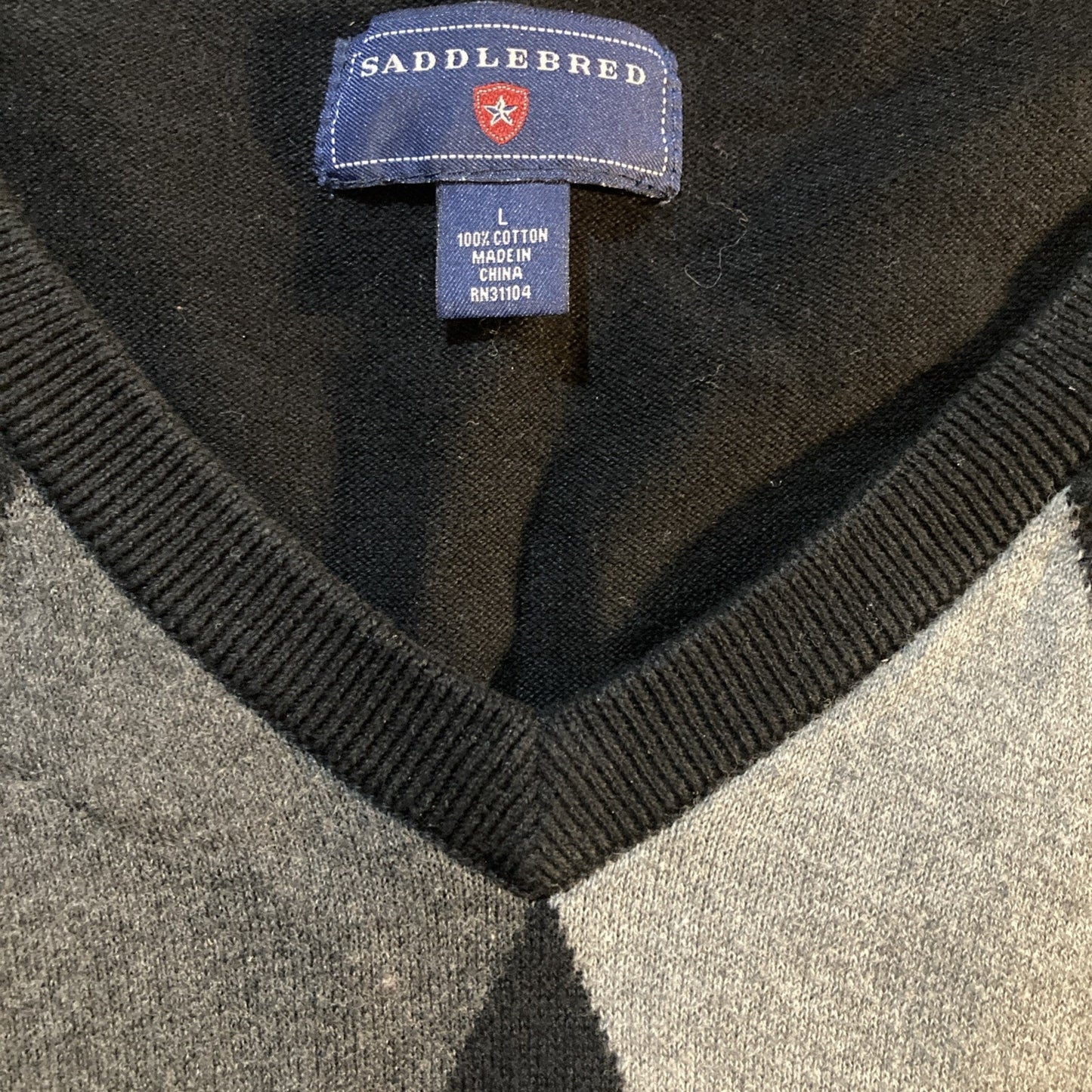 Dark Academia SADDLEBRED Men's Black Gray Argyle Sweater Vest Sz L 100% Cotton