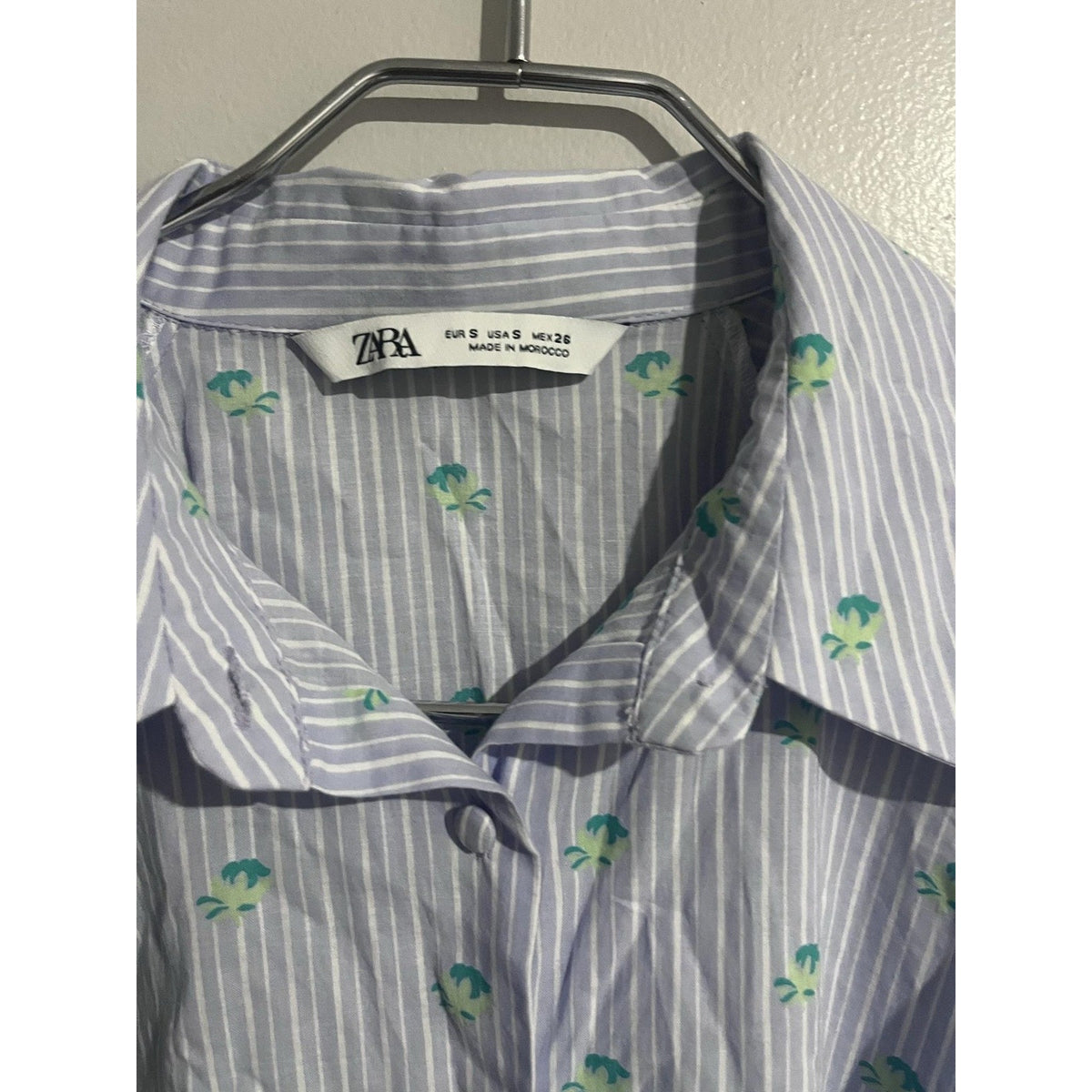 Zara Button-Up Womens S Blue Striped Balloon Sleeve Collared Cotton Relaxed