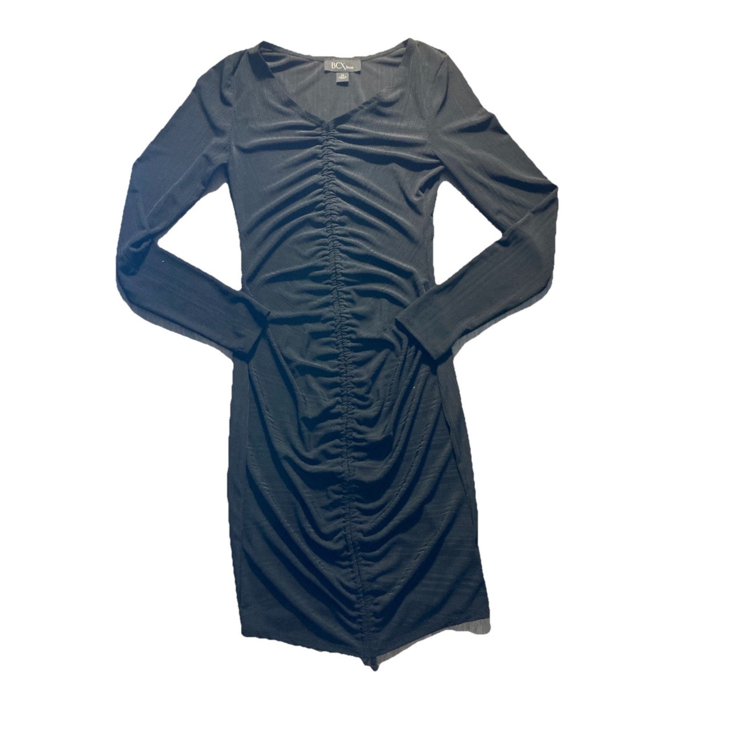 BCX Dress Bodycon Black Ribbed Front Ruched Long Sleeve Mini Dress XS