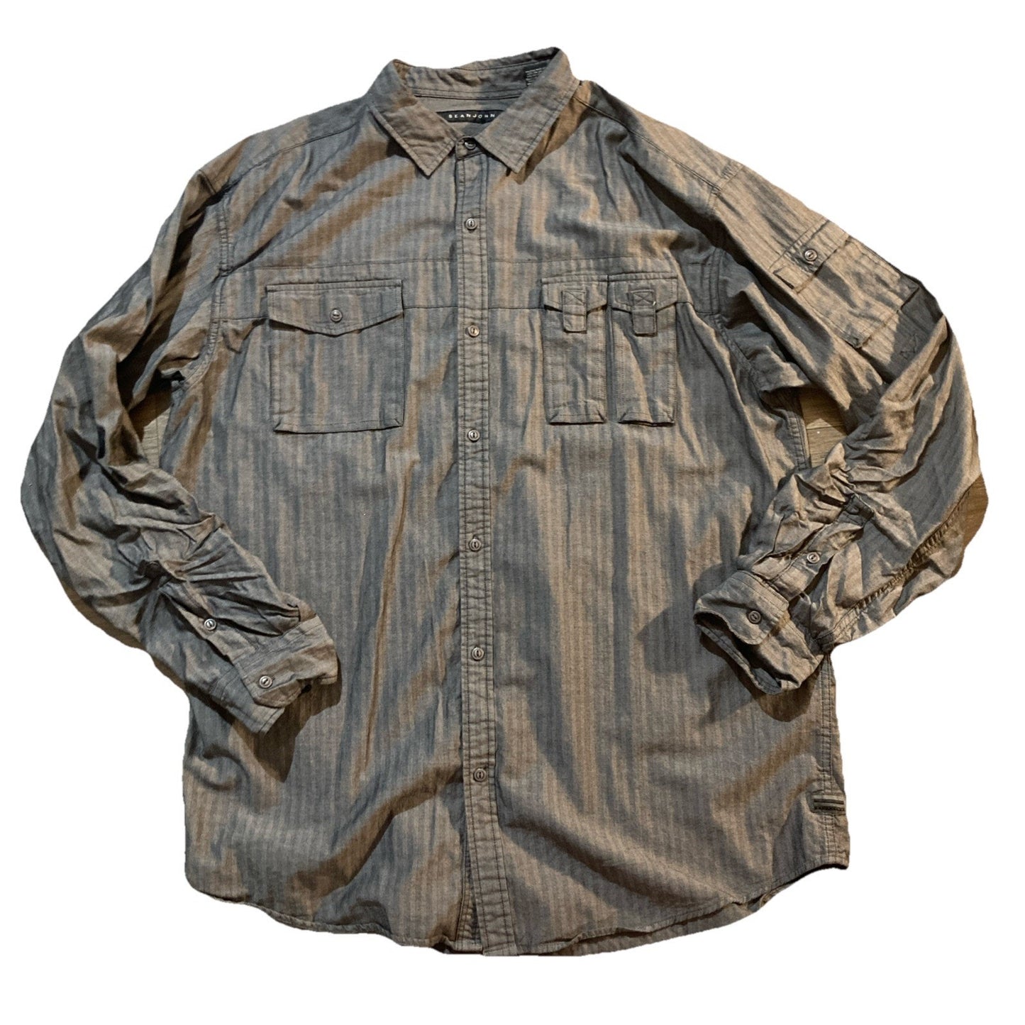 Sean John Men 2XLT Gray 100% Cotton Long Sleeve Military Button Down Shirt