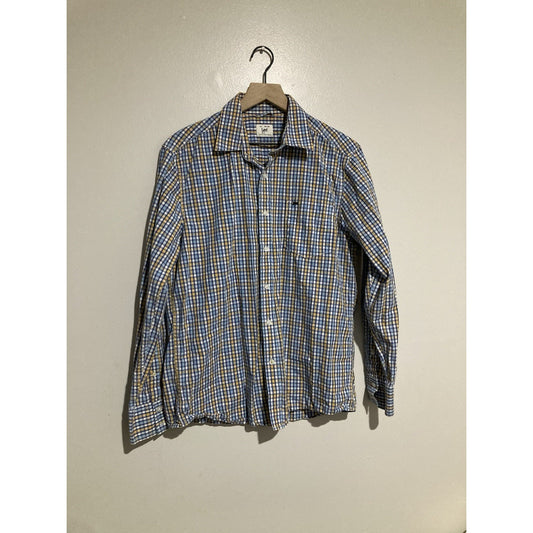 Lee Mens Stretch Long Sleeve Button Down Collar Shirt Plaid Blue Yellow Size L