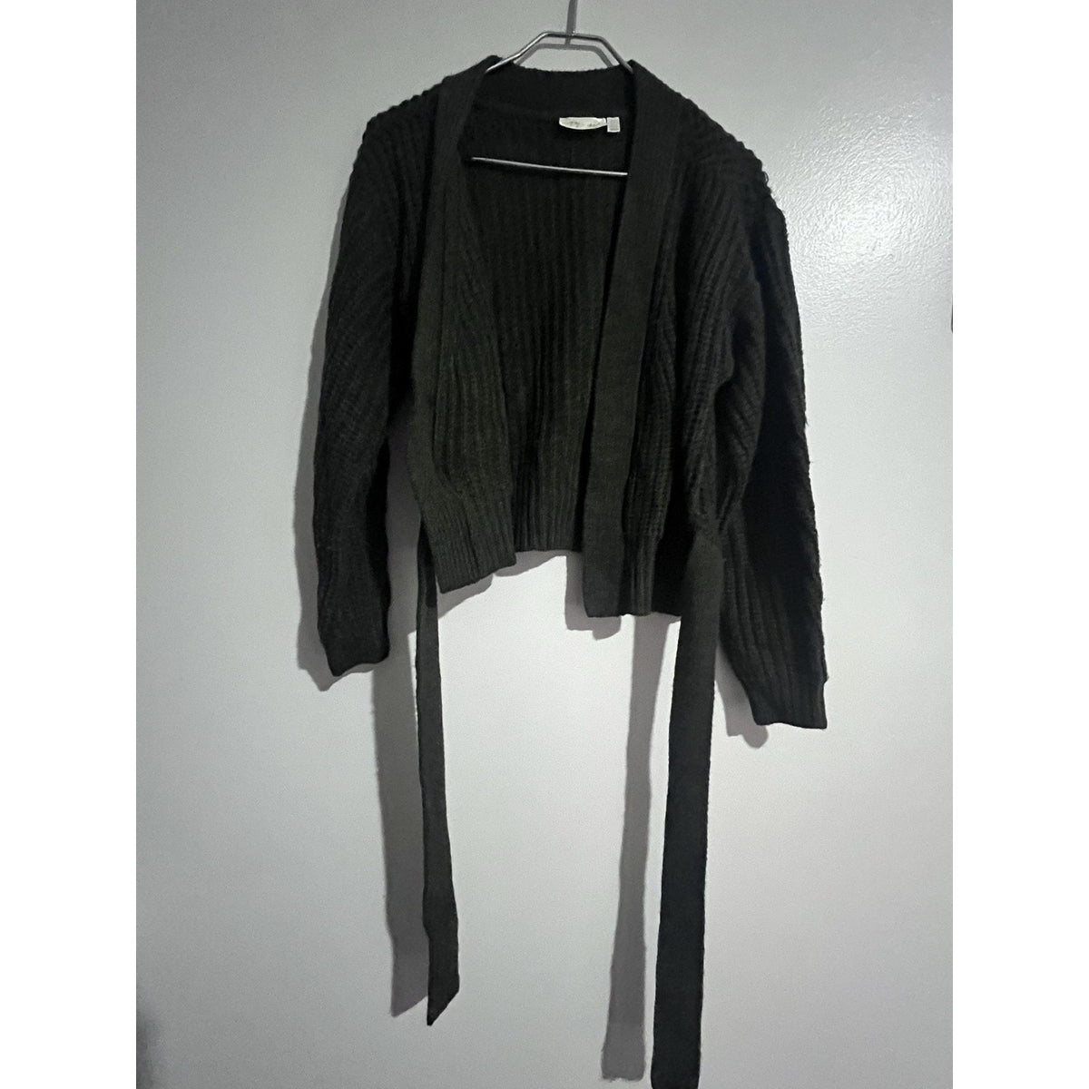 RD Style Cardigan Womens XS Green Waffle-Knit Belted Open Heavyweight Bow Accent