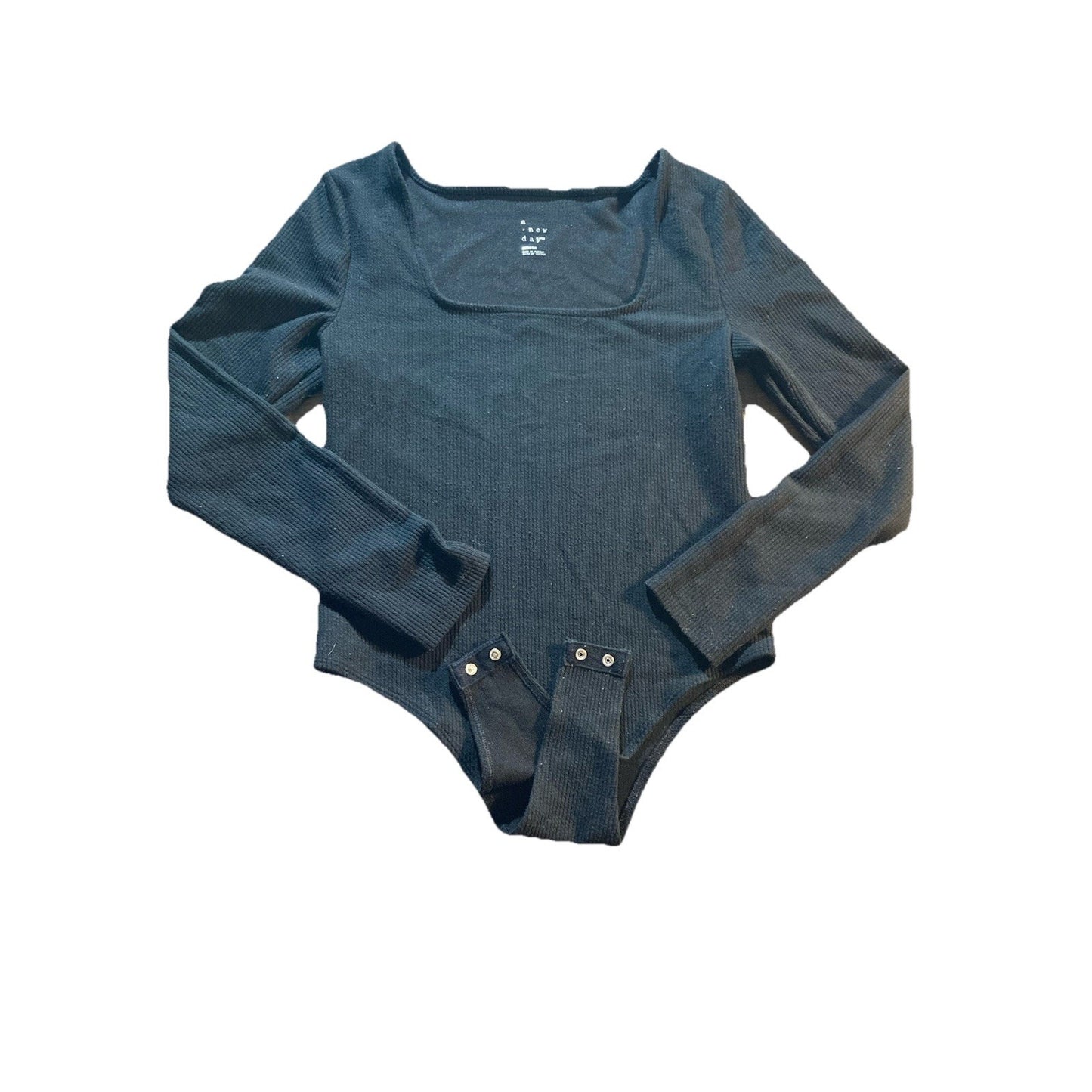 A New Day Womens Black Ribbed Square Knit Long Sleeve Bodysuit Size Medium