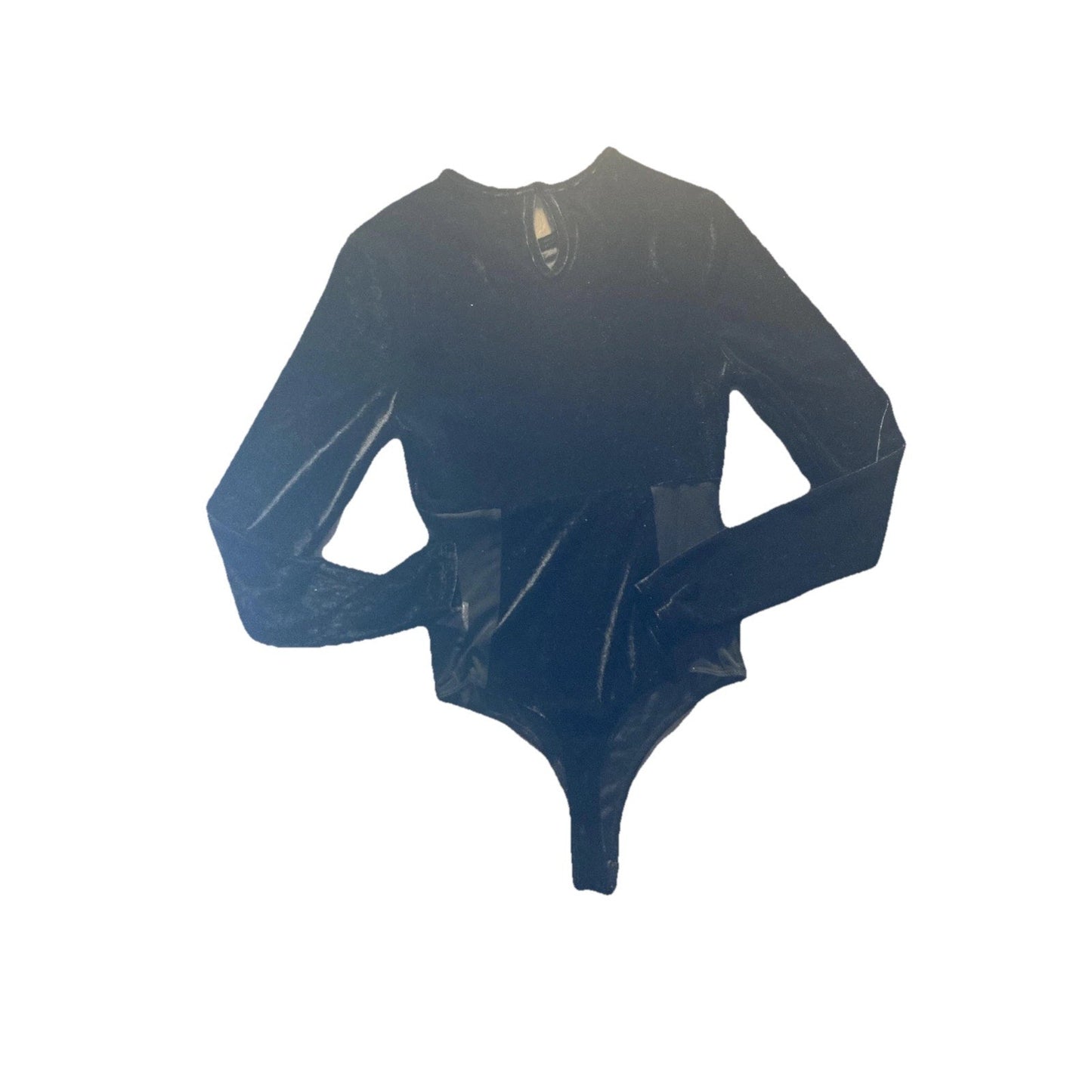 Liz & Sara Bodysuit Womens XS Black Velvet Long Sleeve Mesh Thong Snap Crotch