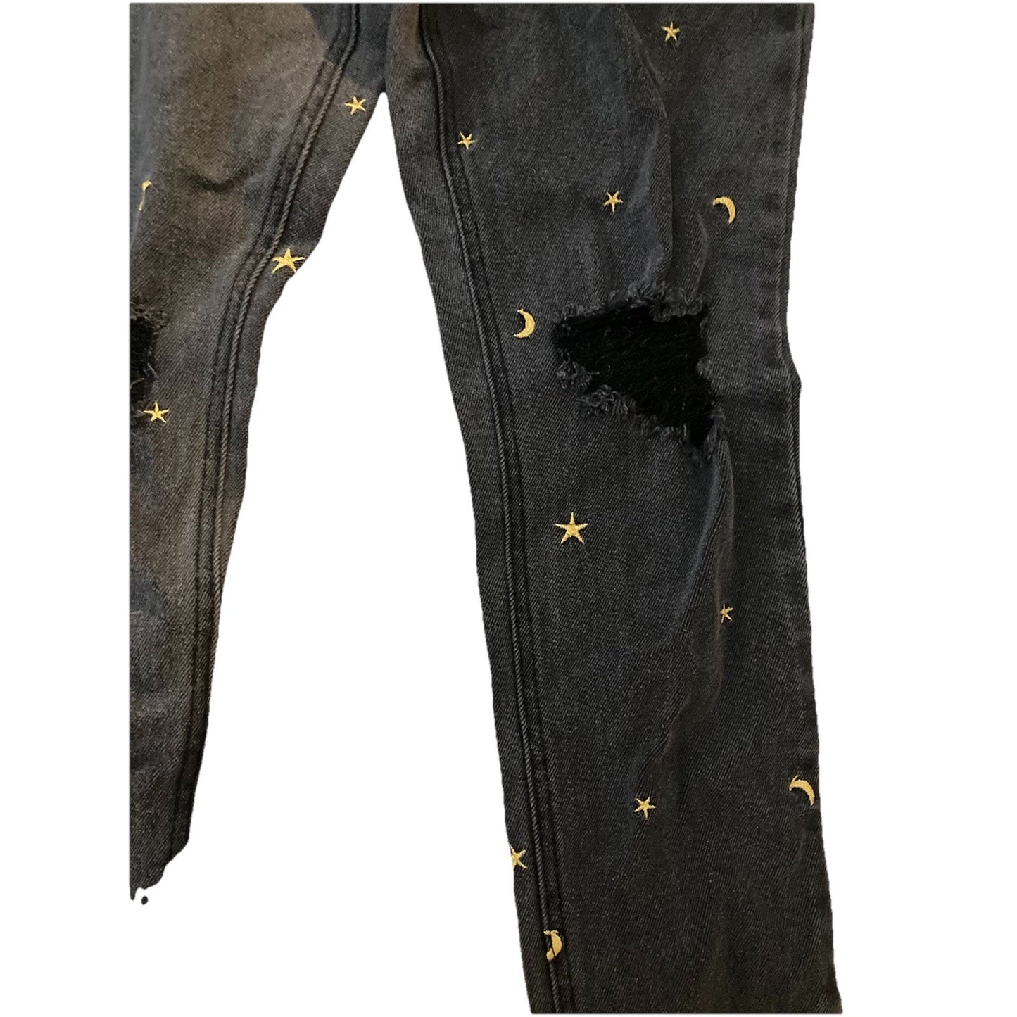 Tinseltown Celestial Moon Star Embroidered Jeans Womens 3 Black Denim Frayed Hem