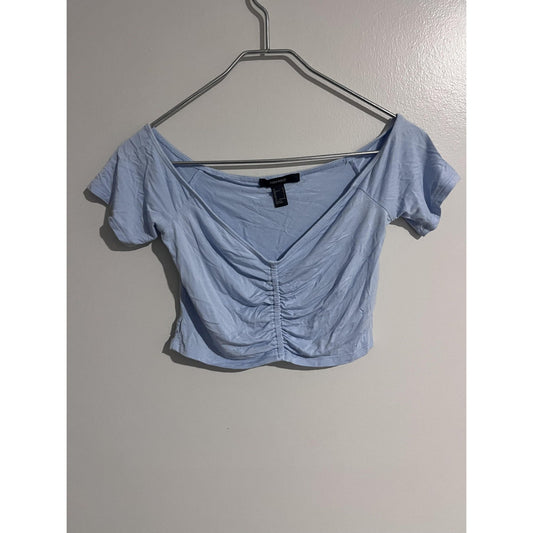 FOREVER 21 T-Shirt Womens L Blue Cropped V-Neck Ruched Front Slim Stretch