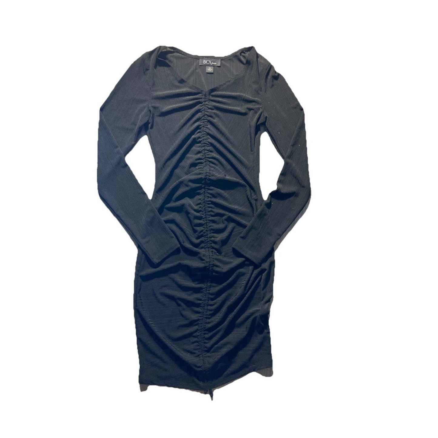 BCX Dress Bodycon Black Ribbed Front Ruched Long Sleeve Mini Dress XS