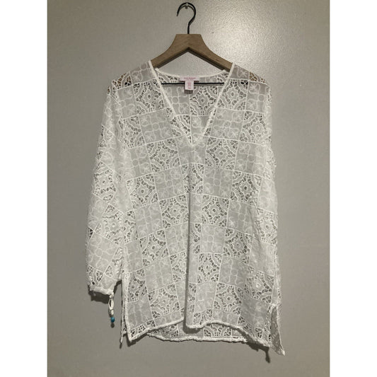 Isaac Mizrahi White Square Eyelet Crochet Turquoise Bead Trim VNeck Tunic Top XS