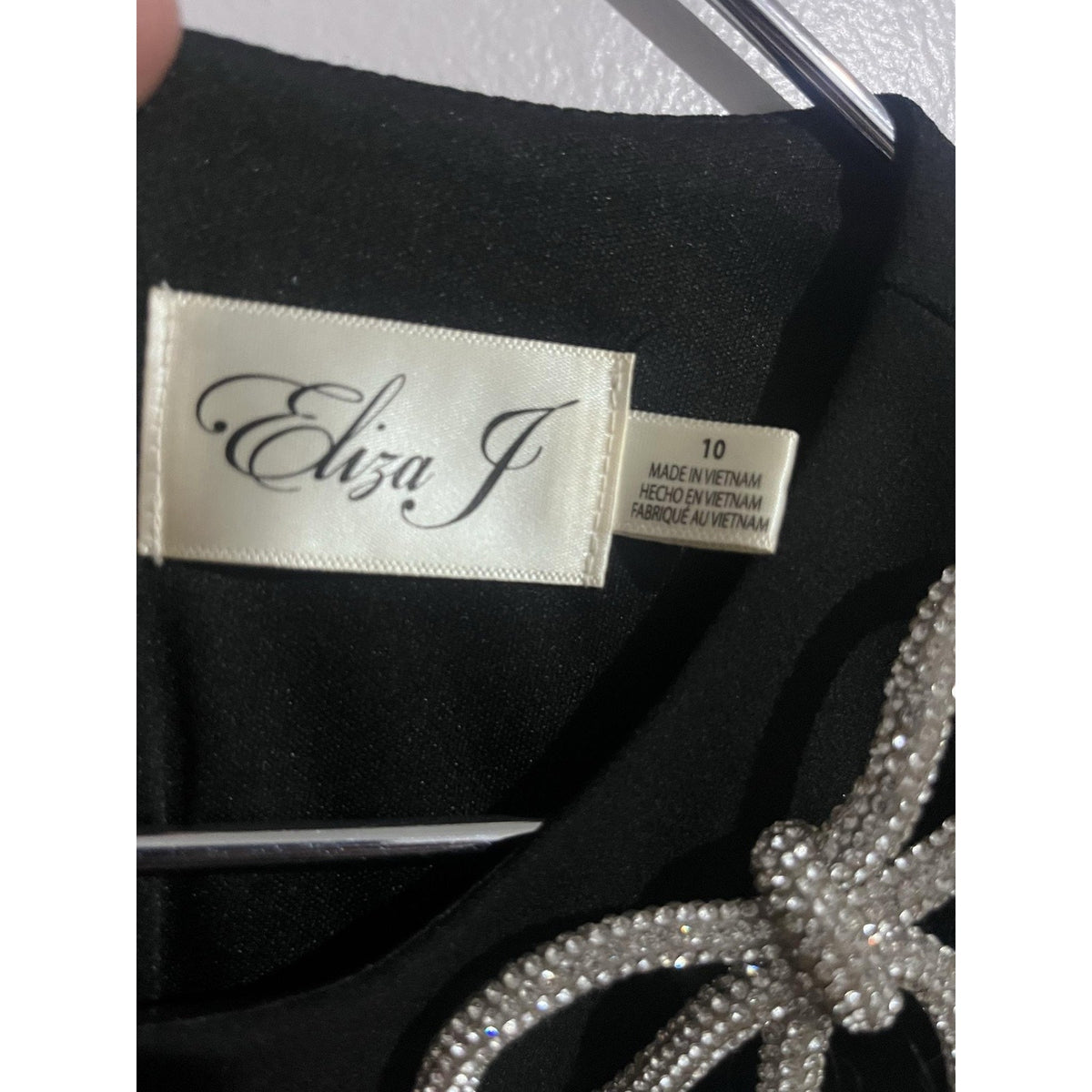 Eliza J Dress Womens 10 Black Sheath Knee Length Round Neck Lined Rhinestone