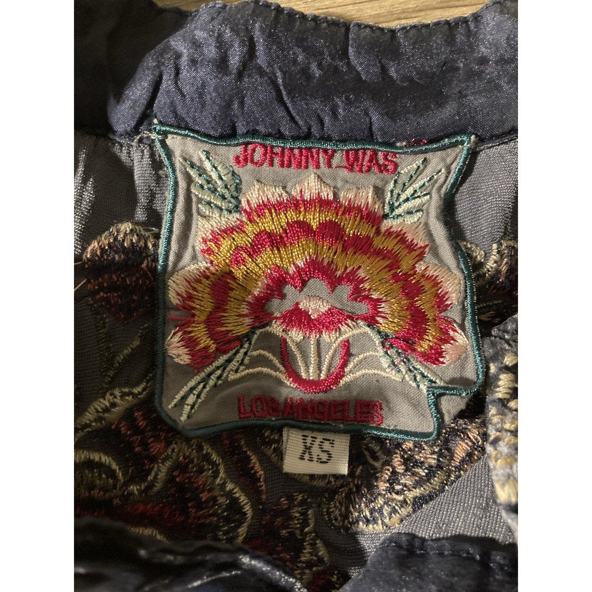 Johnny Was XS Blue Velvet Kimono Mini Dress Peacock Feather Embroidery Soft!