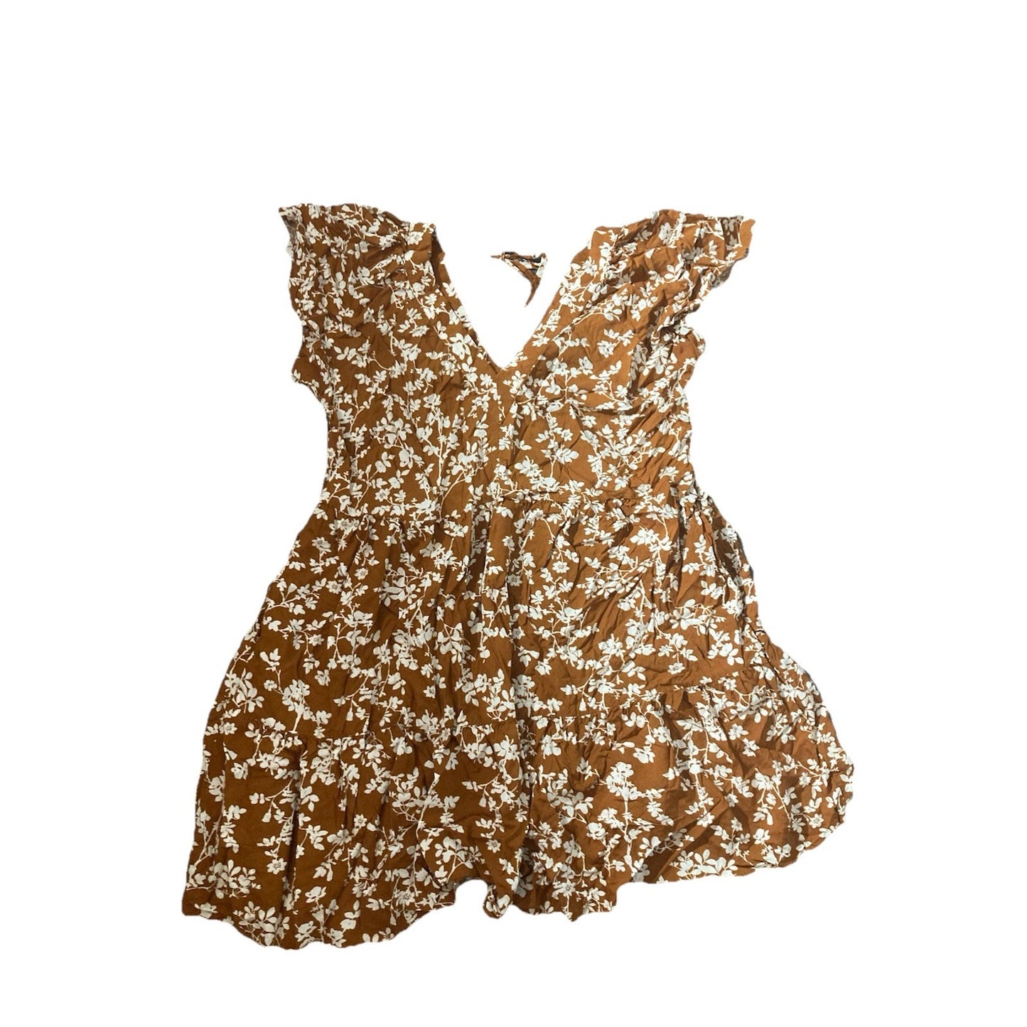 Old Navy Brown White Floral Fit & Flare Dress Tie Back V-Neck Flutter L