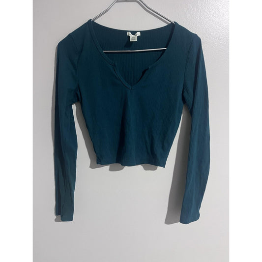 Bozzolo T-Shirt Womens M Green Cropped V-Neck Long Sleeve Slim Stretch