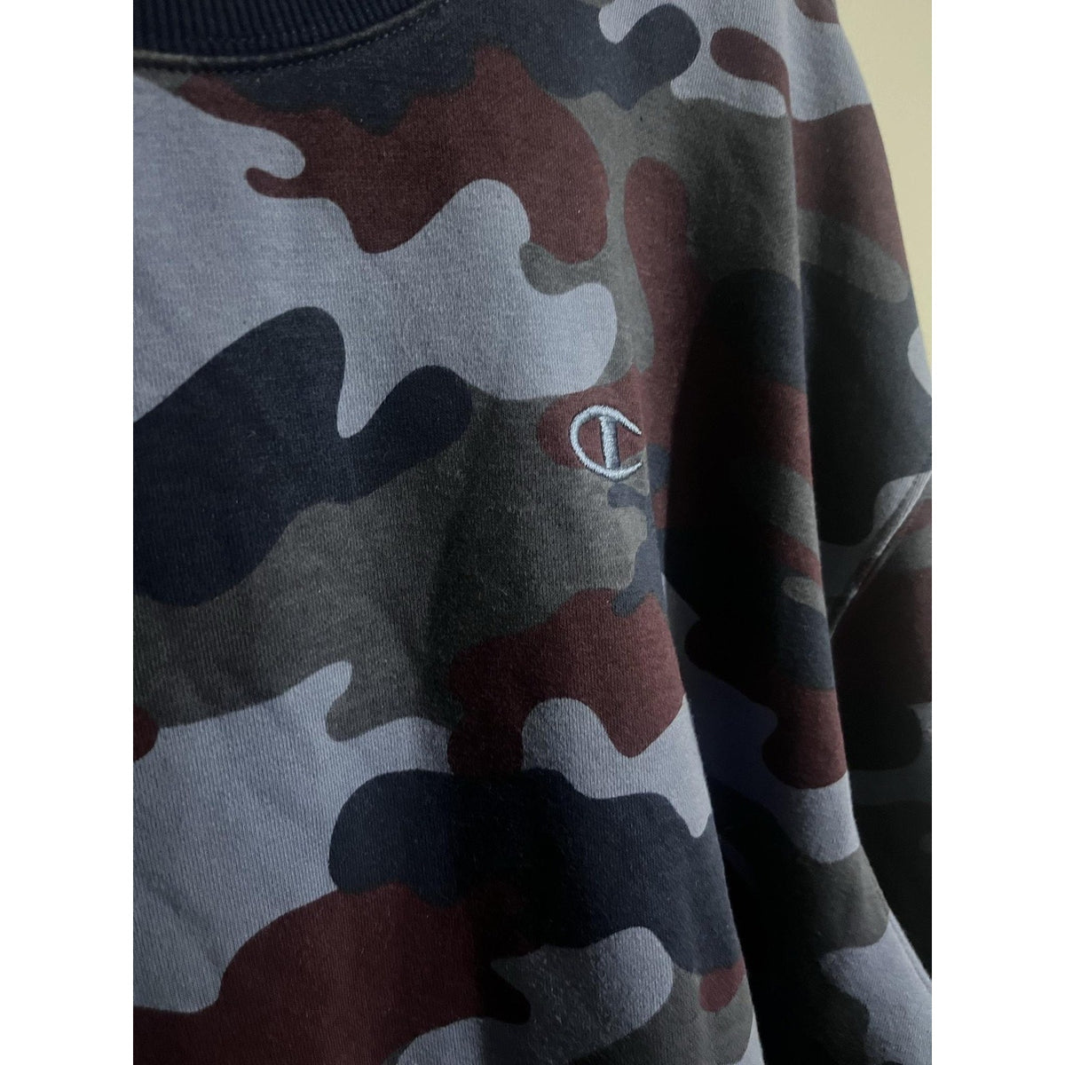 Champion Sweatshirt Mens L Blue Camouflage Pullover Fleece Pockets Logo