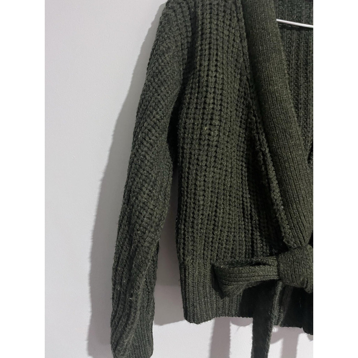 RD Style Cardigan Womens XS Green Waffle-Knit Belted Open Heavyweight Bow Accent
