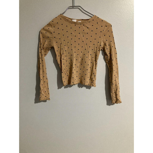 GAP Kids Shirt Girls 10-11 Years Beige Ribbed Long Sleeve Heart Print Ruffle