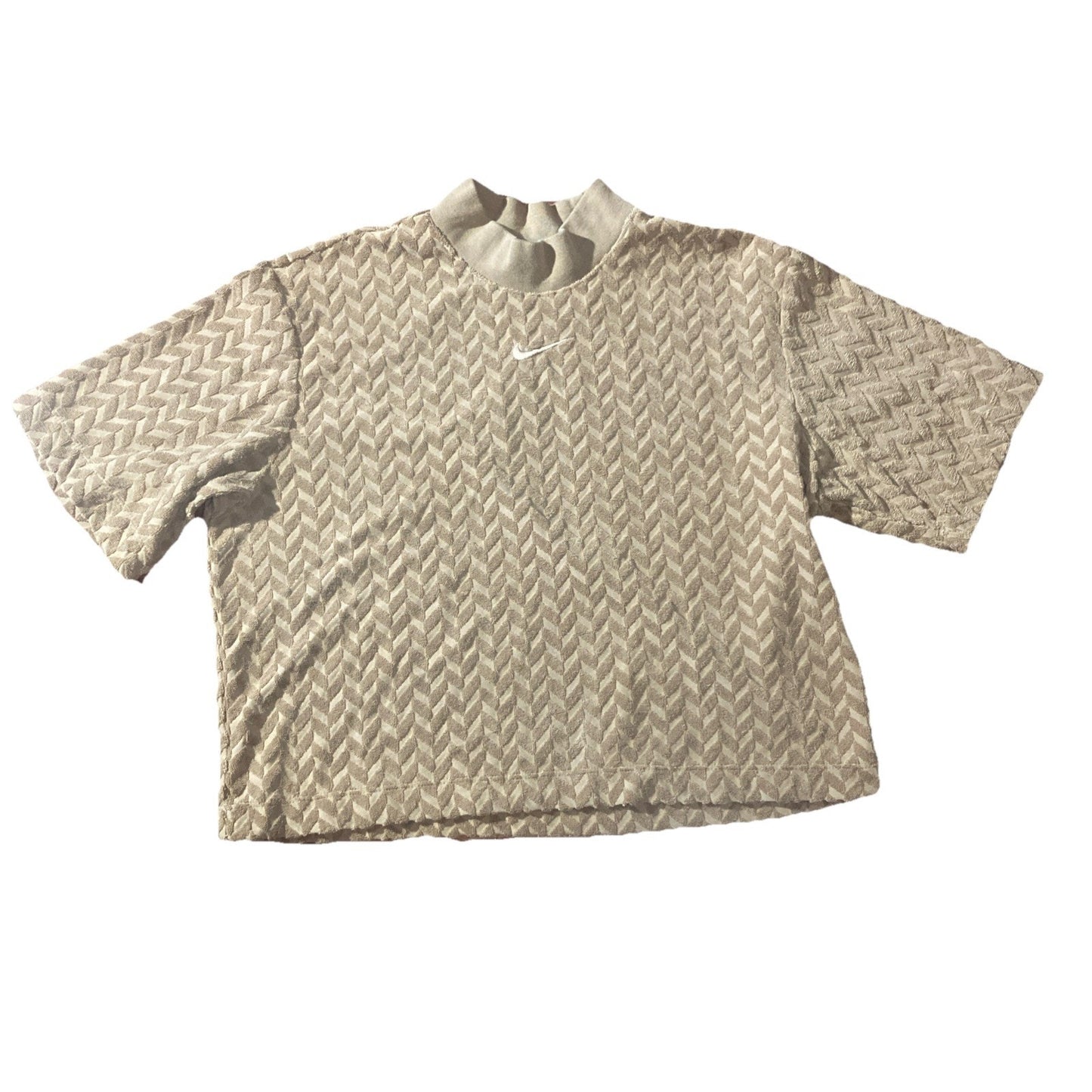 Nike Vintage Tan Brown Latte Chevron Terry Tufted Mock Neck Short Sleeve S