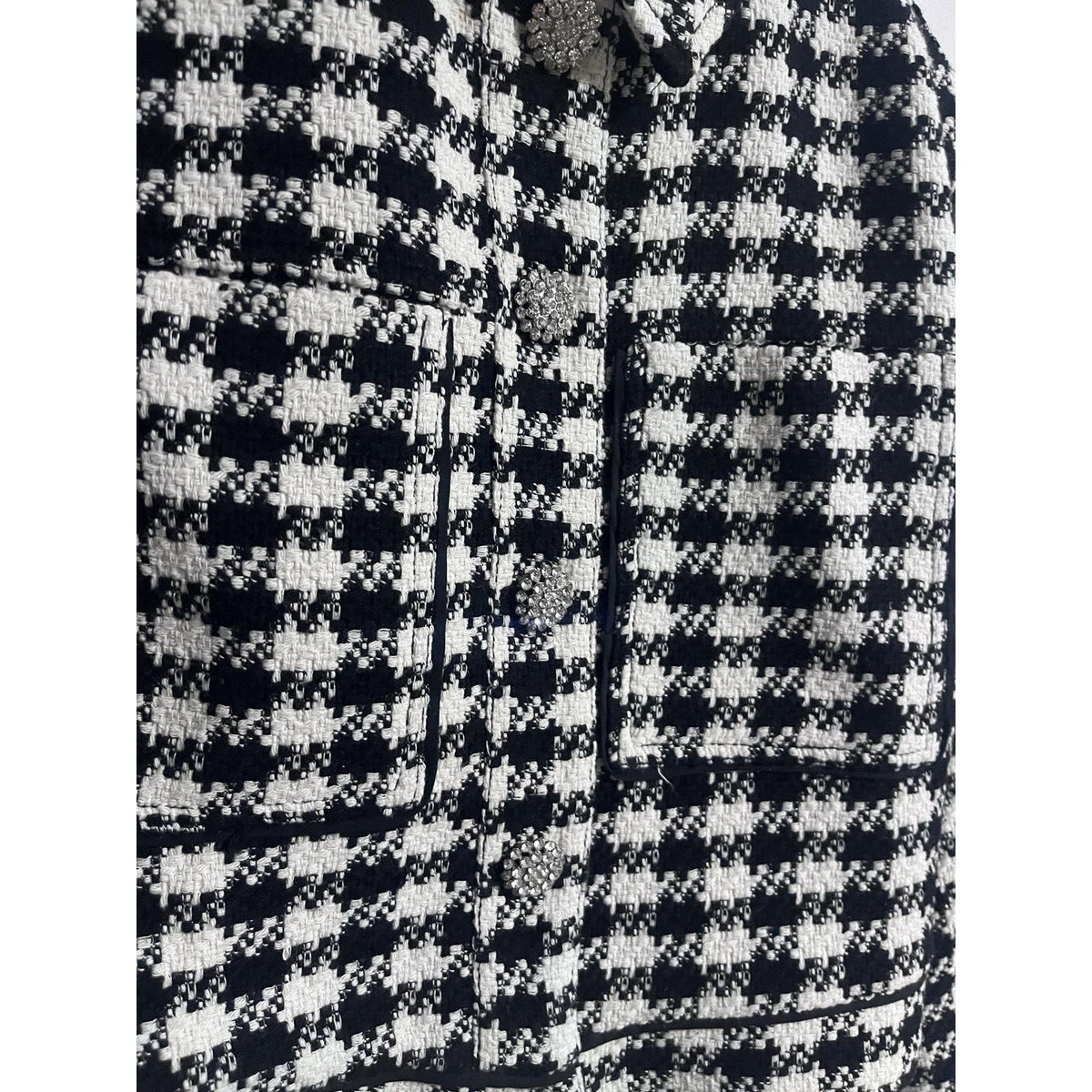 ZARA Jacket Womens S Black Tweed Check Rhinestone Button Collared Pockets