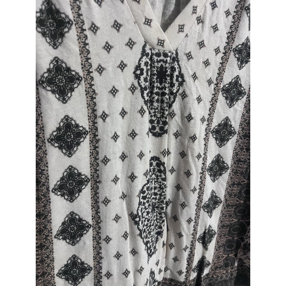 Lucky Brand Blouse Womens M Beige Tunic V-Neck Geometric Lightweight
