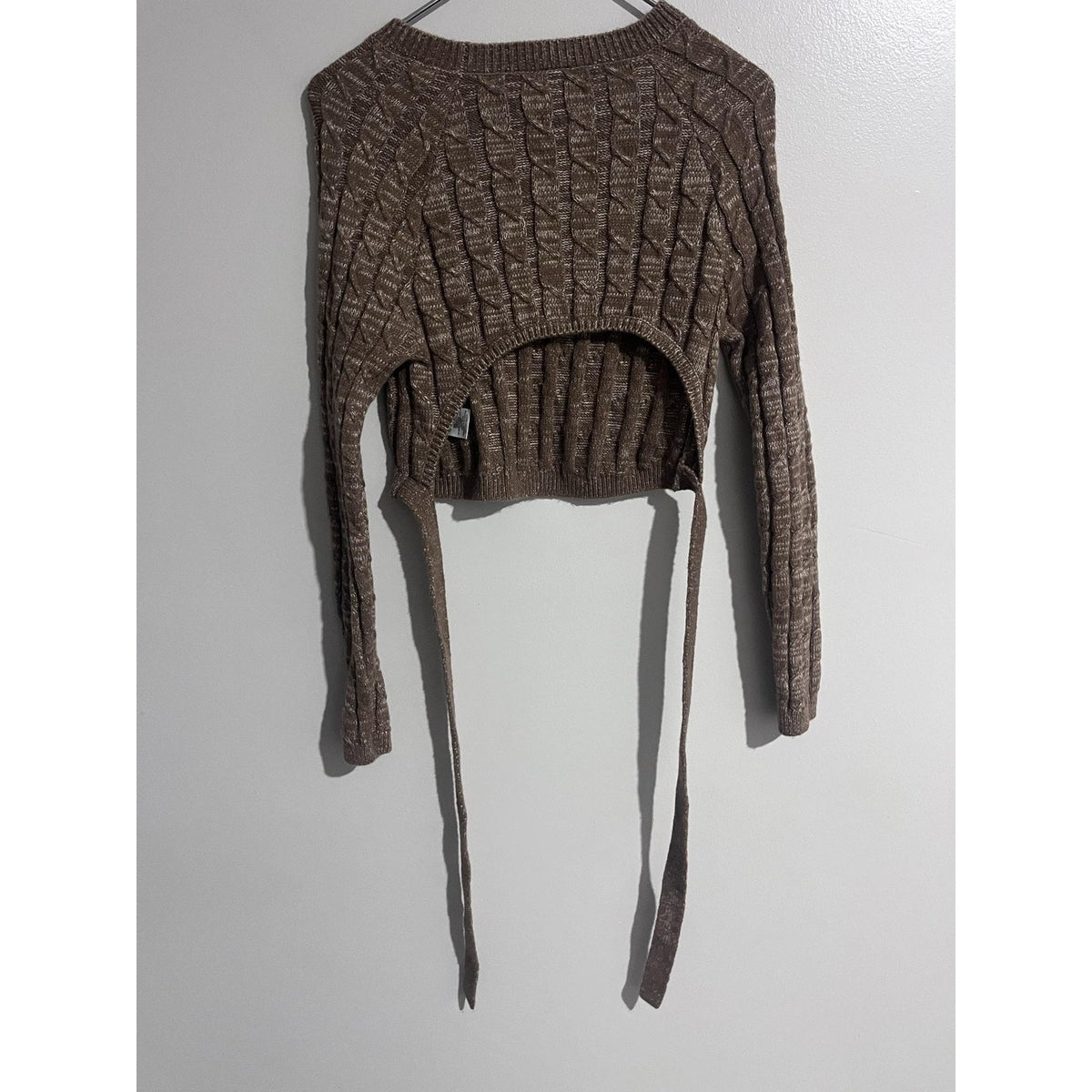 Windsor Sweater Womens S Brown Cable-Knit Cropped Strap Pullover Tie Waist