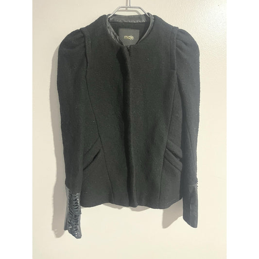 Maje Jacket Womens 36 Black Tweed Wool Full Zip Lined Pockets Slim Fit
