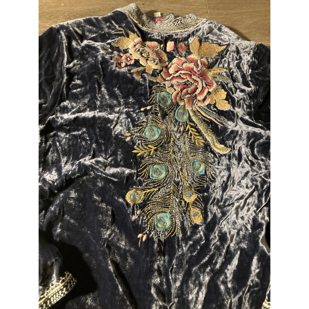 Johnny Was XS Blue Velvet Kimono Mini Dress Peacock Feather Embroidery Soft!