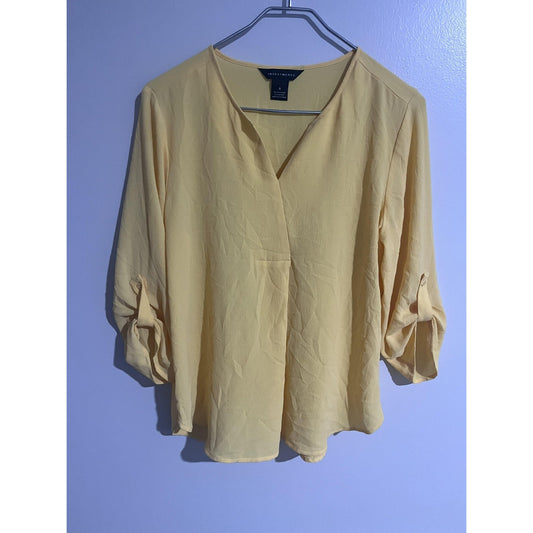 Investments Blouse Womens S Yellow Tunic V-Neck 3/4 Sleeve Pleated Pullover