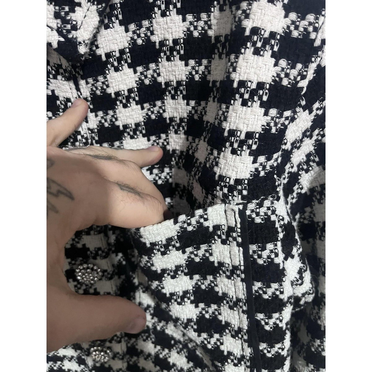 ZARA Jacket Womens S Black Tweed Check Rhinestone Button Collared Pockets