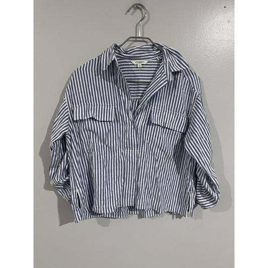 Max Studio Button-Up Womens S Blue Cropped Collared Roll Tab Long Sleeve Striped
