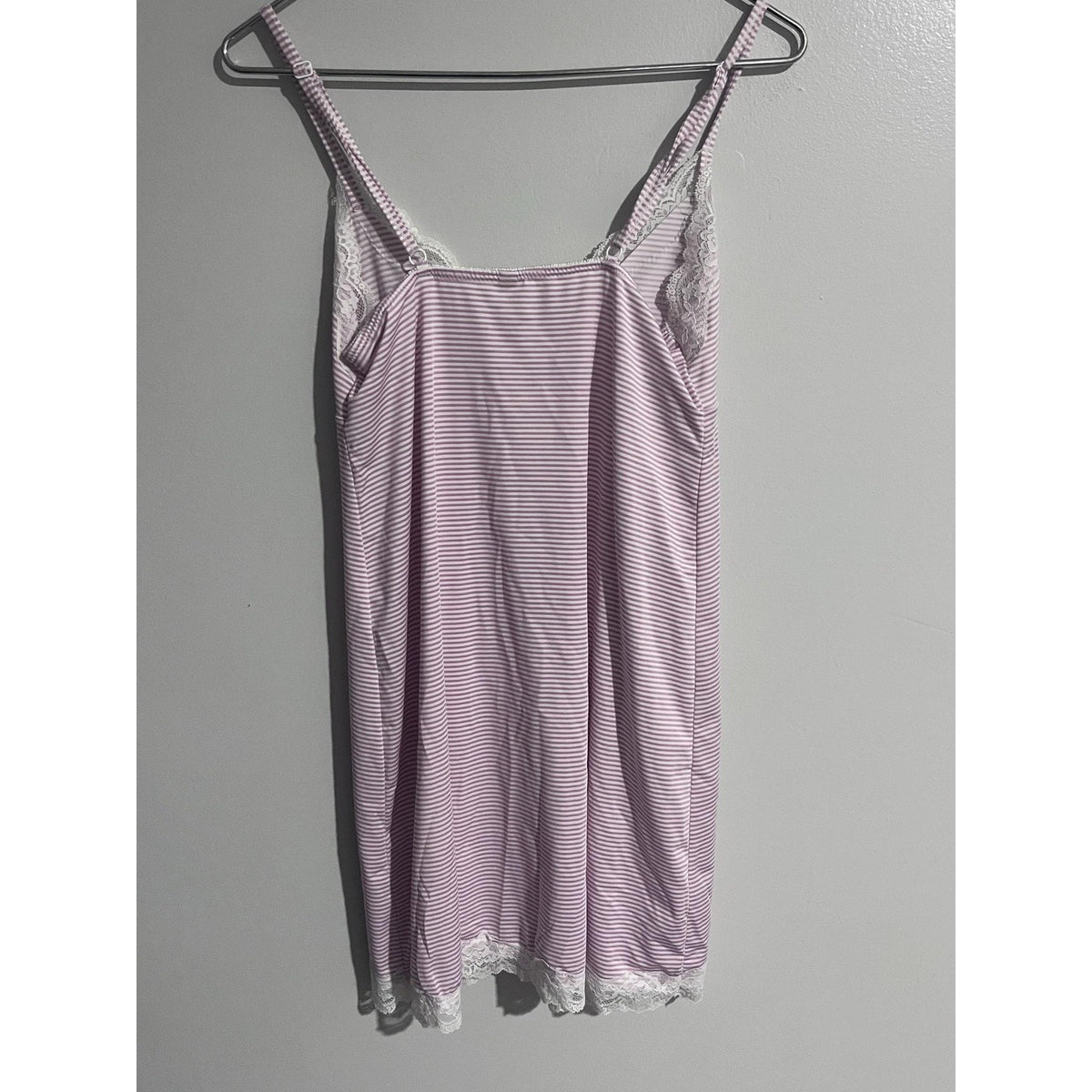 Laura Ashley Gown Chemise Womens M Pink Striped V-Neck Lace Trim Bow Leg Slit
