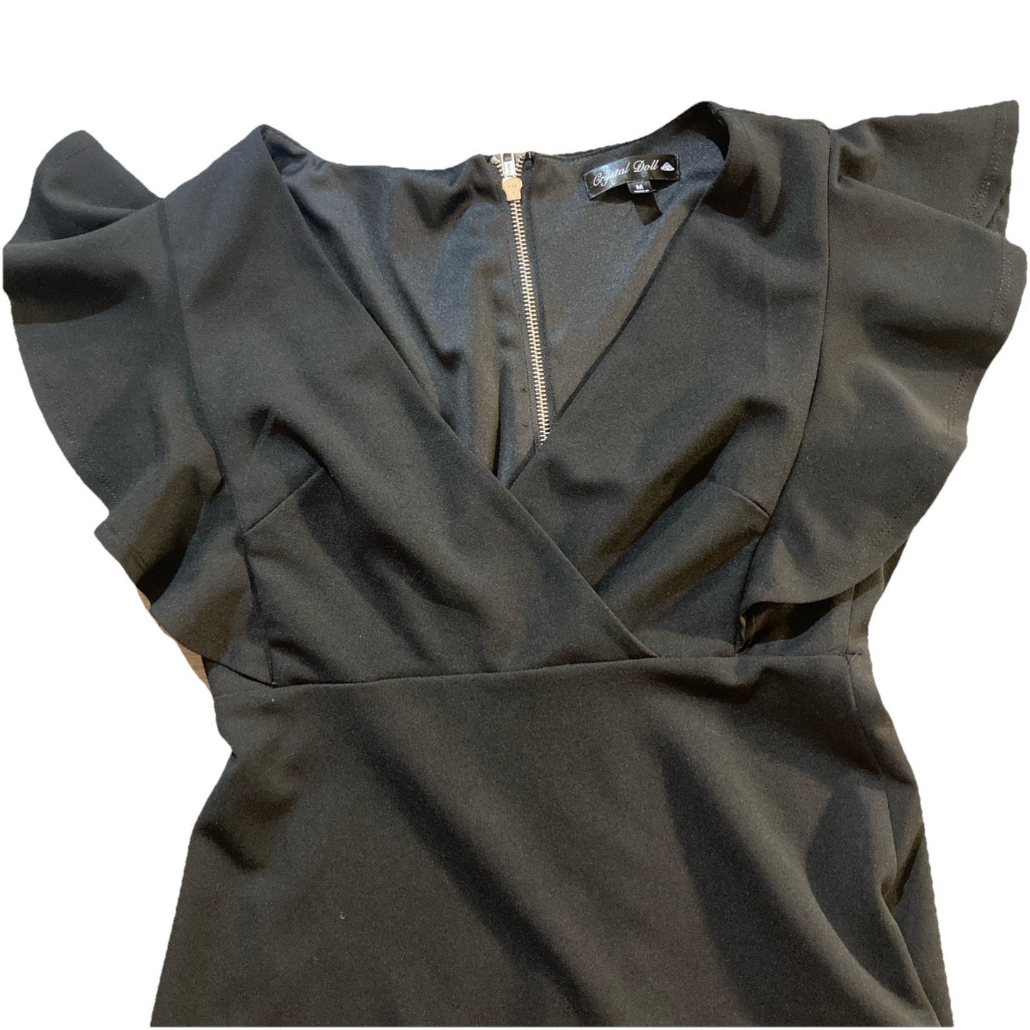 Black Crystal Doll A Line Cross V Neck Dress With Ruffle Sleeves. Size Medium