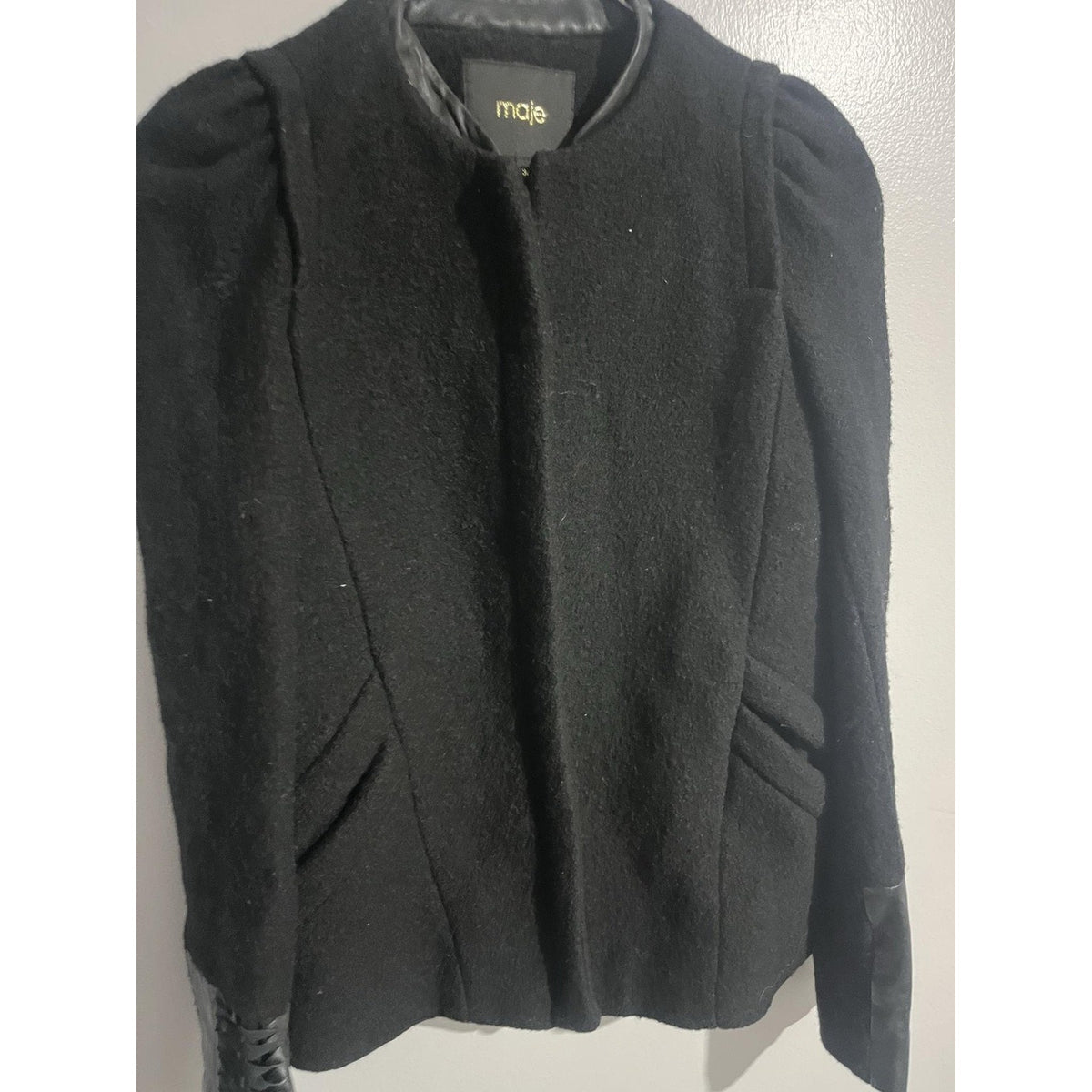 Maje Jacket Womens 36 Black Tweed Wool Full Zip Lined Pockets Slim Fit