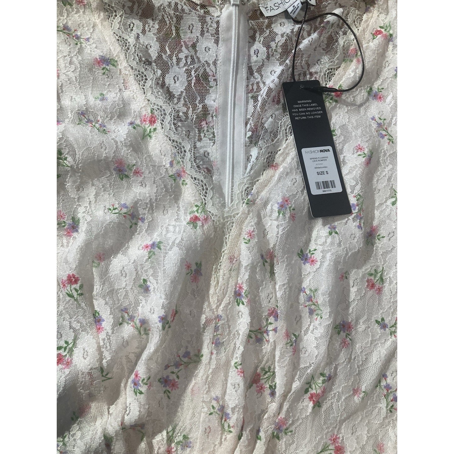 Fashion Nova Sz S White White Multicolor Floral Long Sleeve Ruffle Romper Lace