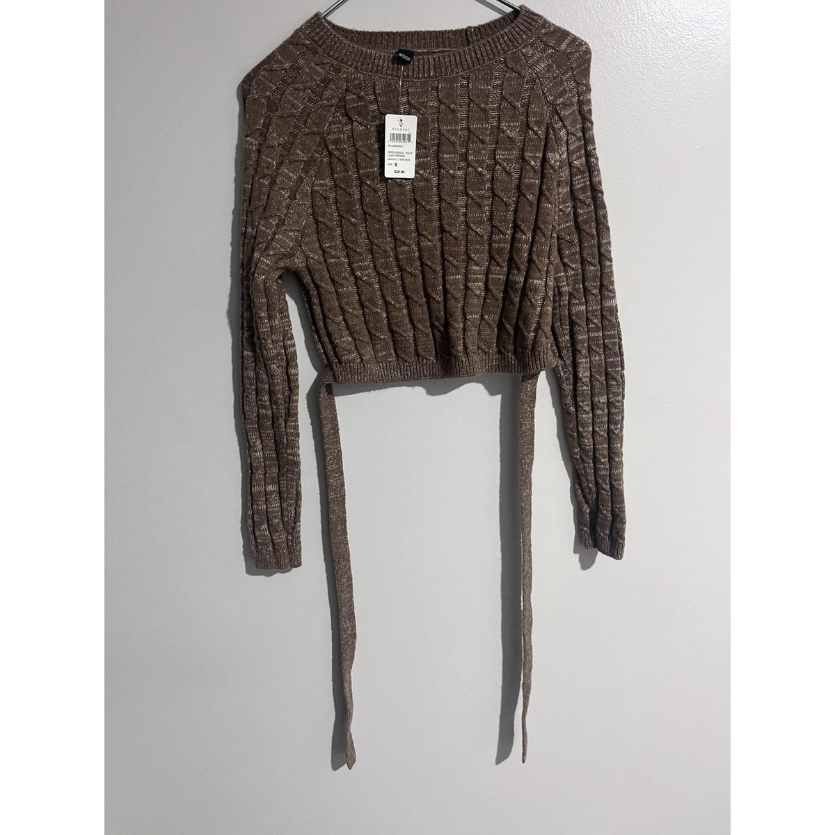 Windsor Sweater Womens S Brown Cable-Knit Cropped Strap Pullover Tie Waist
