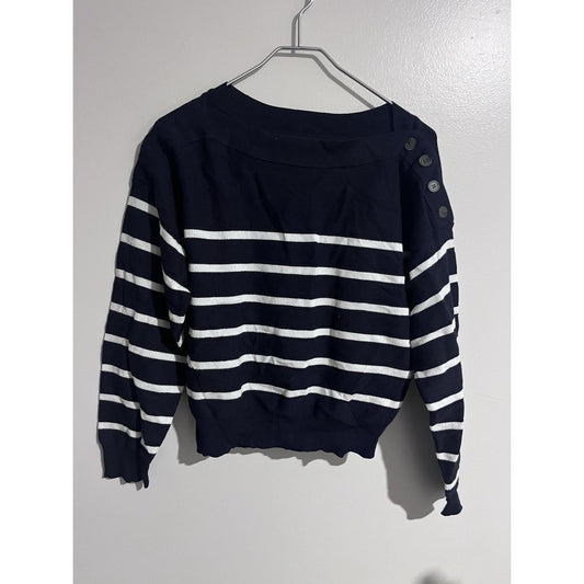 Free Assembly Sweater Womens M Blue Striped Boat Neck Pullover Button Detail