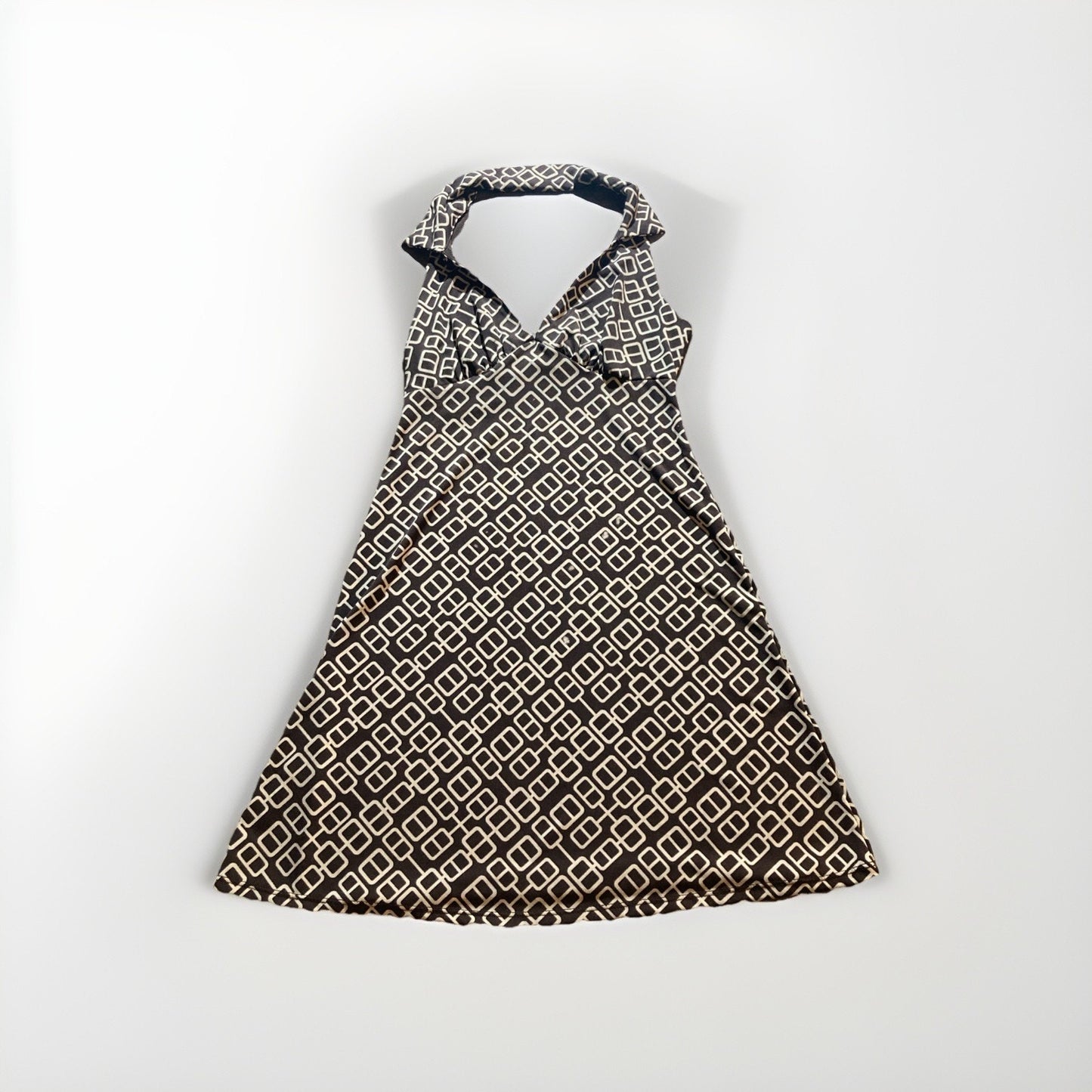 Y2K Rue 21 Halter Top Collared Brown And White Dress Geometric Design Size XS