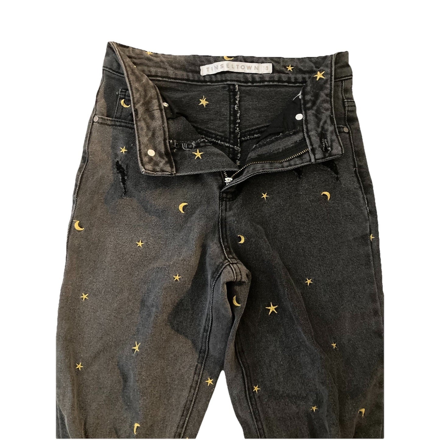 Tinseltown Celestial Moon Star Embroidered Jeans Womens 3 Black Denim Frayed Hem