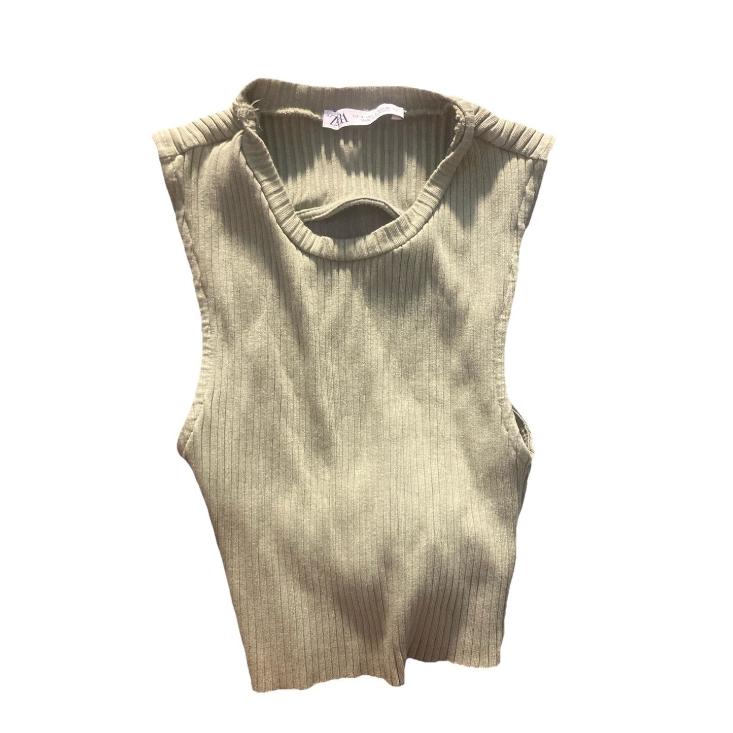 Zara Tank Top Womens S Green Crew Neck Sleeveless Ribbed Side Tie Cropped