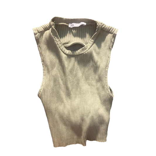 Zara Tank Top Womens S Green Crew Neck Sleeveless Ribbed Side Tie Cropped