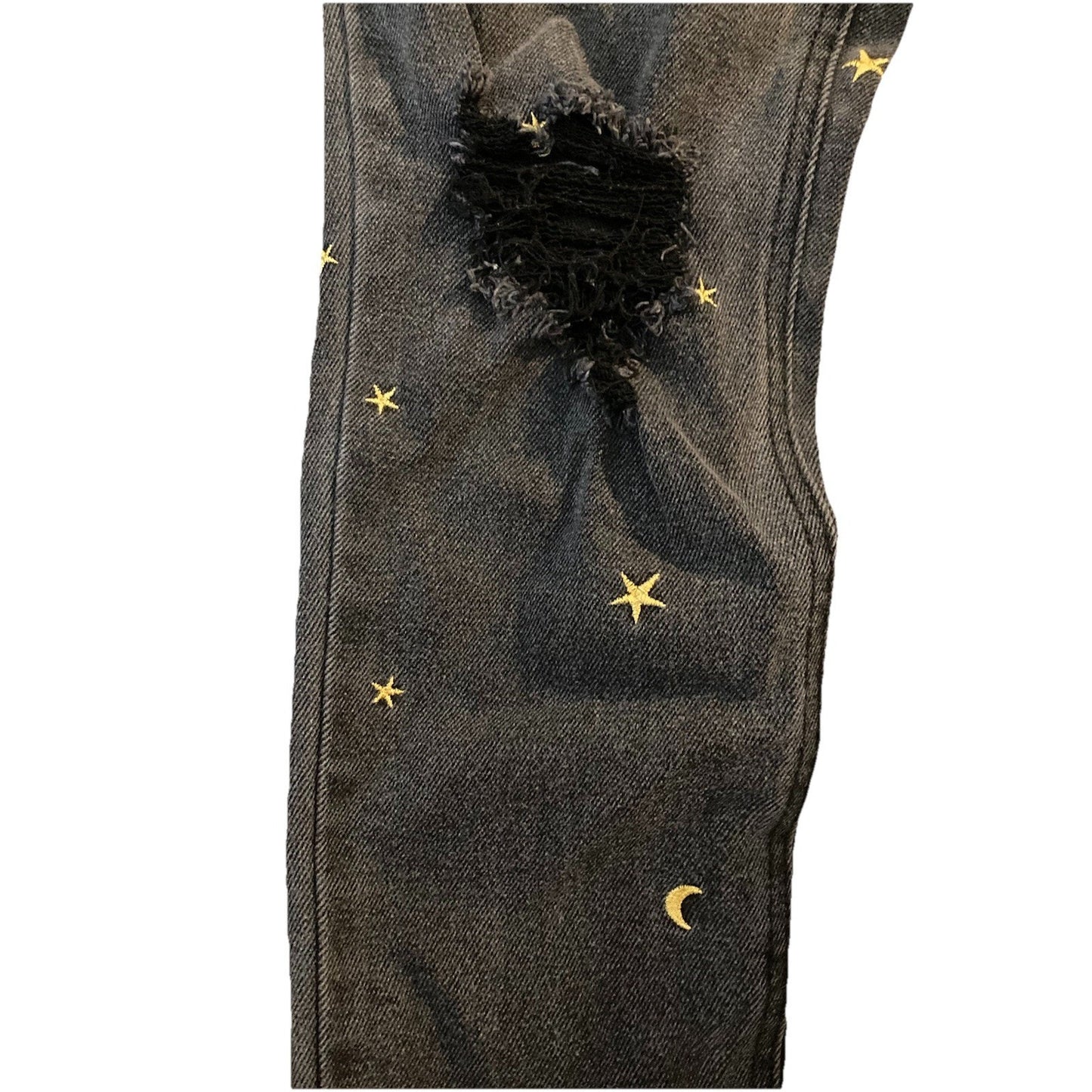 Tinseltown Celestial Moon Star Embroidered Jeans Womens 3 Black Denim Frayed Hem