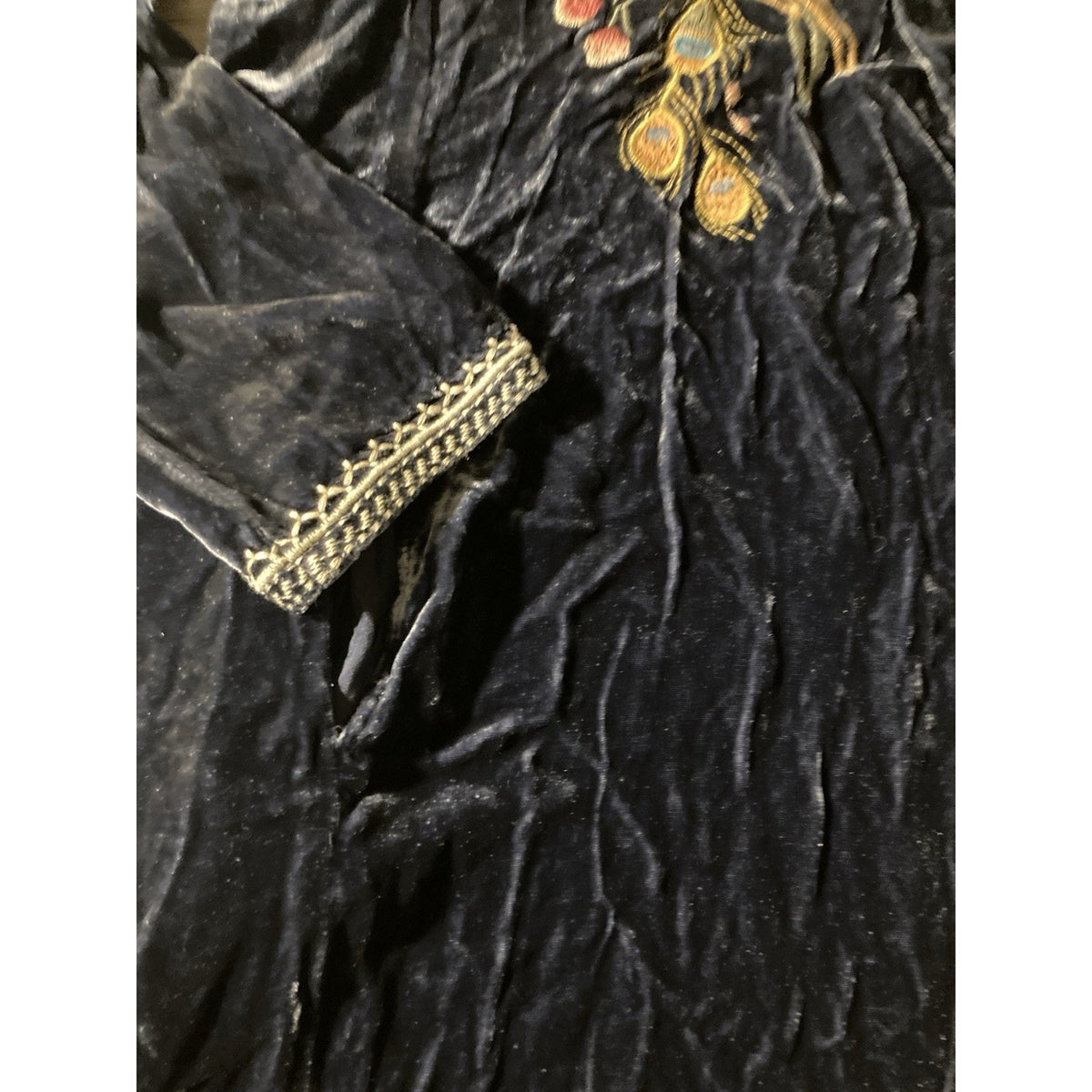 Johnny Was XS Blue Velvet Kimono Mini Dress Peacock Feather Embroidery Soft!